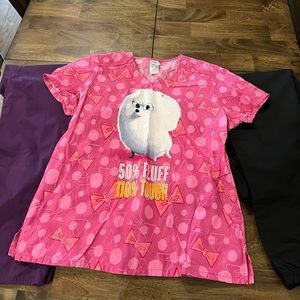 2 pair of Scrubstar pants and Secret Life of Pets scrub top